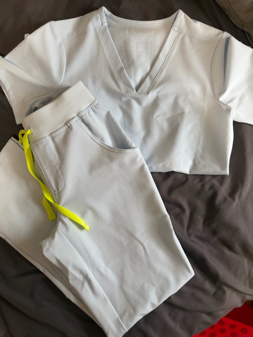 Figs Open Skies Light Blue Scrub Set with Neon Yellow Drawstring